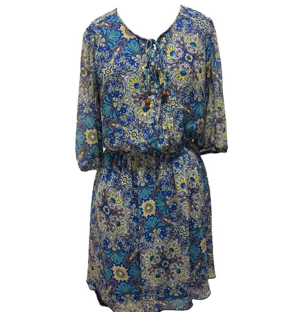Enfocus Studio Blue Paisley Floral Print Elastic Waist Chiffon Dress